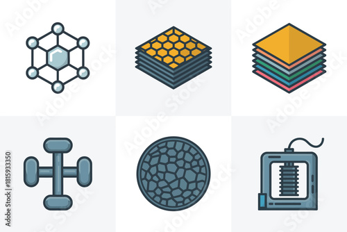 Nanomaterial structure set, honeycomb lattice, stacked layers, particle cross section, micro actuator, mesh sphere, precision lab vector