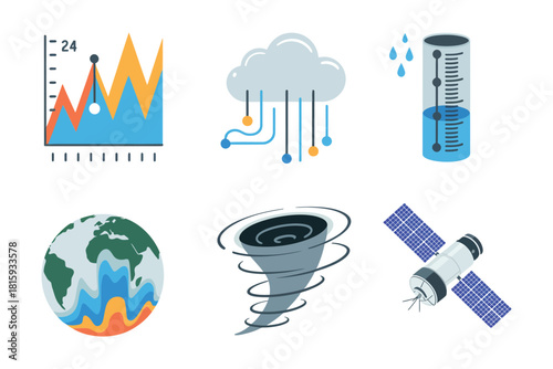 Climate science icons, temperature chart spikes, rainfall measurement, storm cloud system, laboratory cylinder, earth globe diagram, satellite