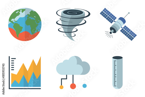 Global weather monitoring set, planet earth icon, powerful cyclone spiral, communication satellite, analytics chart, rainfall cloud, thermometer