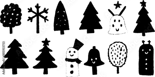 Set of cartoon trees, snowman, and bell in a simple black and white design. Winter-themed vector illustration featuring holiday motifs.