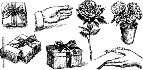 Engraving set of gifts and flowers. Hand-drawn vector illustration featuring roses, hands, and presents in a vintage style.