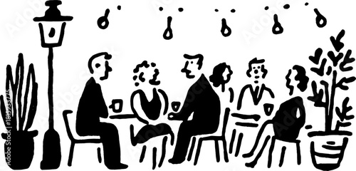 Group of people in conversation at a cafe. Indoor vector illustration featuring drinks, table, and simple elements, including a lamp and plant.