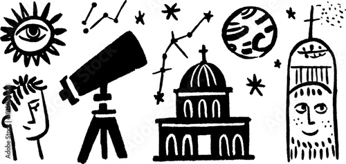 Astronomy elements including a telescope, sun, moon, and stars in a hand-drawn style. Simple black and white vector illustration set showcasing cosmic exploration.