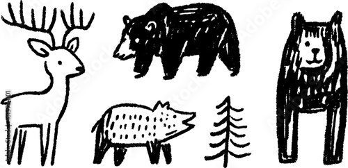 Set of wild animal illustrations including deer, bear, and boar. Simple black and white vector illustration showcasing nature and wildlife.