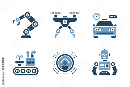 Factory automation icons, robotic arms assembly, conveyor line, machine vision camera, proximity sensor, radar beacon, friendly robot head