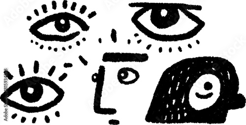 Eyes and faces in silhouette form. Hand-drawn black outline art in a unique vector illustration set showcasing expression and design.