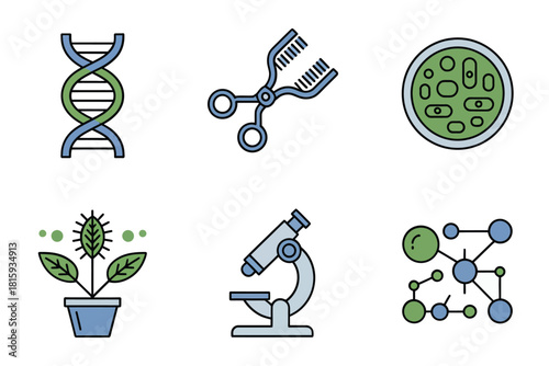 Genetics and laboratory icons, dna helix, gene editing scissors, microscope instrument, potted plant growth, molecular structure vector