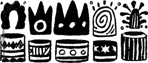 Silhouette hand-drawn elements in black outline style. Decorative vector illustration featuring unique shapes in a simple cartoon design set.