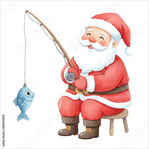 Watercolor Santa Claus fisherman holding fishing rod, Christmas vector isolated on white
