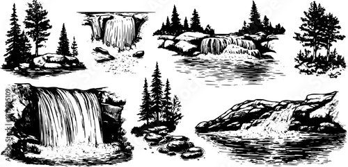 Waterfall illustration in black and white. Detailed vector set depicting flowing water, rocks, and surrounding trees within a scenic landscape.
