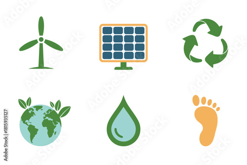 Sustainable environment icons, wind turbine, solar panel, circular recycling, earth with leaves, water drop, human footprint, vector
