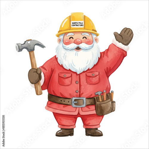Watercolor Santa Claus builder with tools, Christmas vector character isolated on white background
