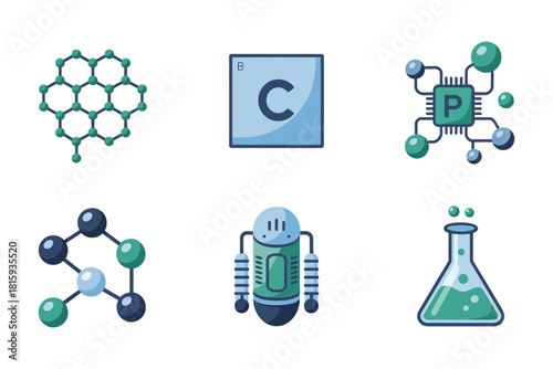 Chemistry icons set, molecular structures, elemental symbol tile, microchip robot concept, scientific flask beaker, clean vector