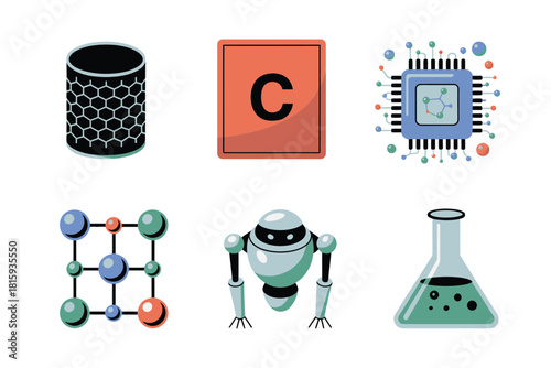 Advanced technology icons, porous material cylinder, letter tile, microchip processor, molecule network, robot assistant, laboratory flask, vector