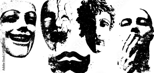 Engraving set of various face masks showcasing expression and style in a black and white vector illustration.