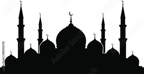 Black silhouette of a grand mosque with multiple domes and tall minarets, representing islamic architecture and worship, isolated on white background