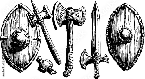 Vintage weapon set featuring shields, axes, and swords. Detailed vector illustration in a classic style, suitable for fantasy or historical themes.