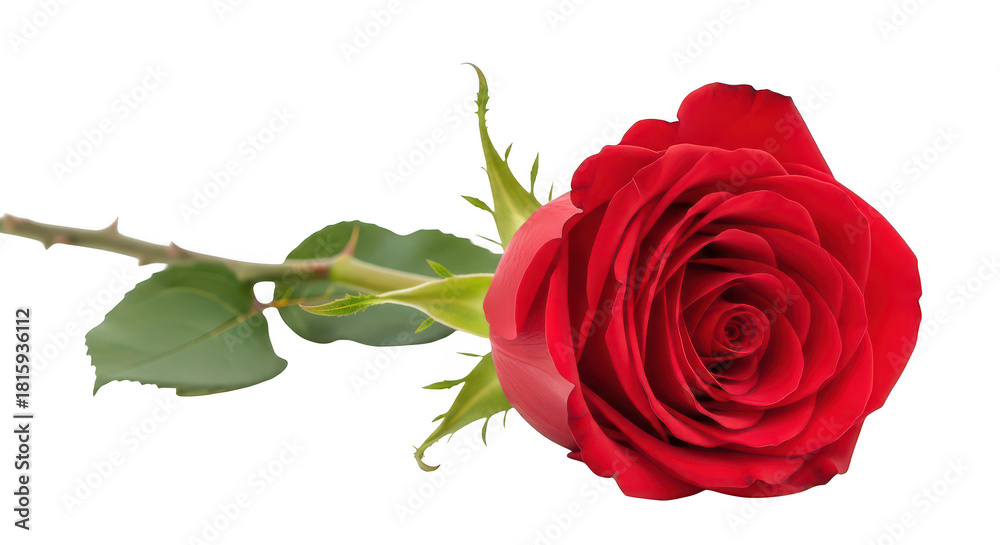 Fototapeta premium Vibrant Red Rose With Green Stem On Black Background