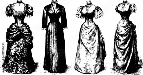 Victorian dresses illustration set showcasing classic fashion styles. Detailed monochrome designs highlight elegant silhouettes in this vector artwork.