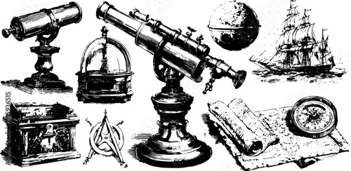 Vintage engraving set of exploration instruments including a telescope, globe, ship, compass, and scroll. Detailed black outline vector illustration.