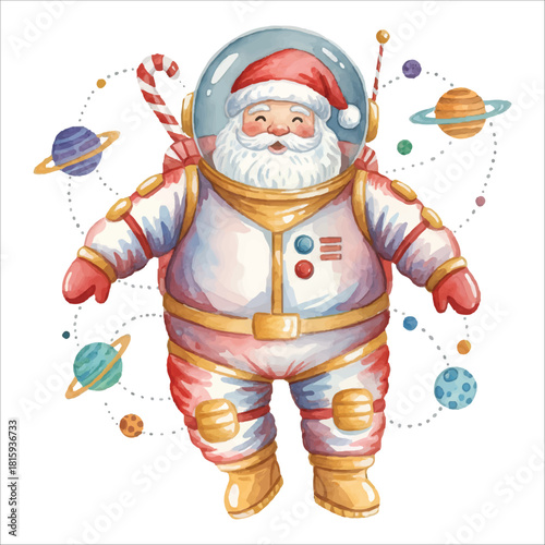 Watercolor Santa Claus astronaut floating in space, Christmas vector isolated on white
