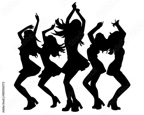 Silhouette of female idol group, group of beautiful women dancing and partying, icon isolated on white background	type 3