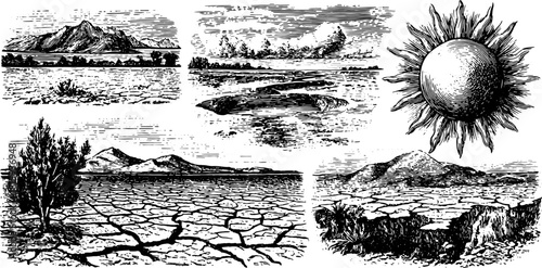 Antique engravings of landscapes with mountains and sun. Hand-drawn vector illustration depicting cracked desert scenery in intricate detail.