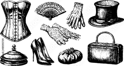 Vintage accessories set including a corset, hat, gloves, and purse in detailed black lineart. Fashion vector illustration highlighting classic style and elegance.