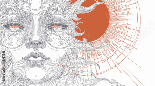 Japanese sun goddess Amaterasu, mythological figure in line-art drawing style. vector illustration