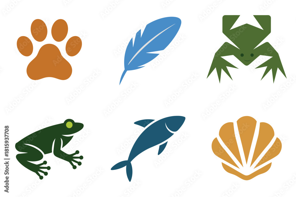 Fototapeta premium Wildlife marine life set, paw print, feather, fish, frog amphibian, seashell, natural environment flat illustration vector.