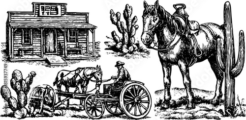 Antique engraving featuring a western landscape, showcasing a horse and wagon near a cabin. Detailed vector illustration in a distinct line art style.