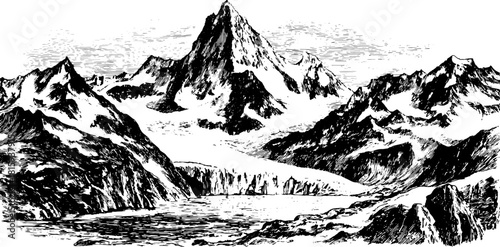 Engraving of a snow-capped mountain range. Vintage black and white landscape illustration featuring a glacier, presented as a detailed vector set.