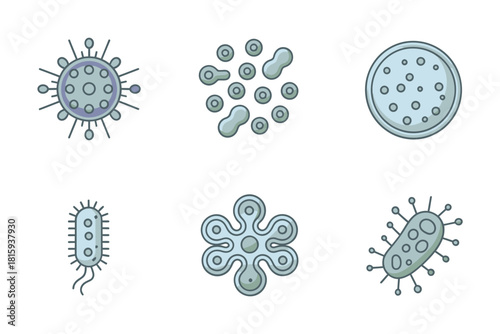 Microbiology science icons, detailed bacteria, virus, germs, microbes, protozoa, lab research vector set.