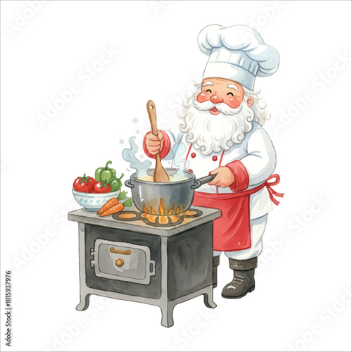 Watercolor Santa Claus chef cooking meal, Christmas vector artwork isolated on white background
