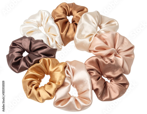 Set of Neutral-Tone Silk Scrunchies, isolated on transparent background