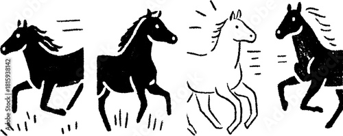 Horses running illustrated in a simple black and white style. Dynamic sequence vector illustration showing movement.