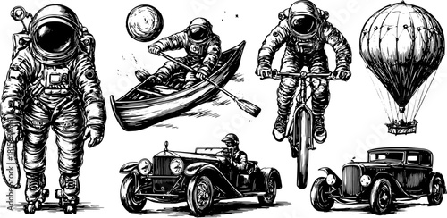 Vintage astronaut illustrations in black and white engraving style. This set includes transport icons like a bike and hot air balloon vector illustration.