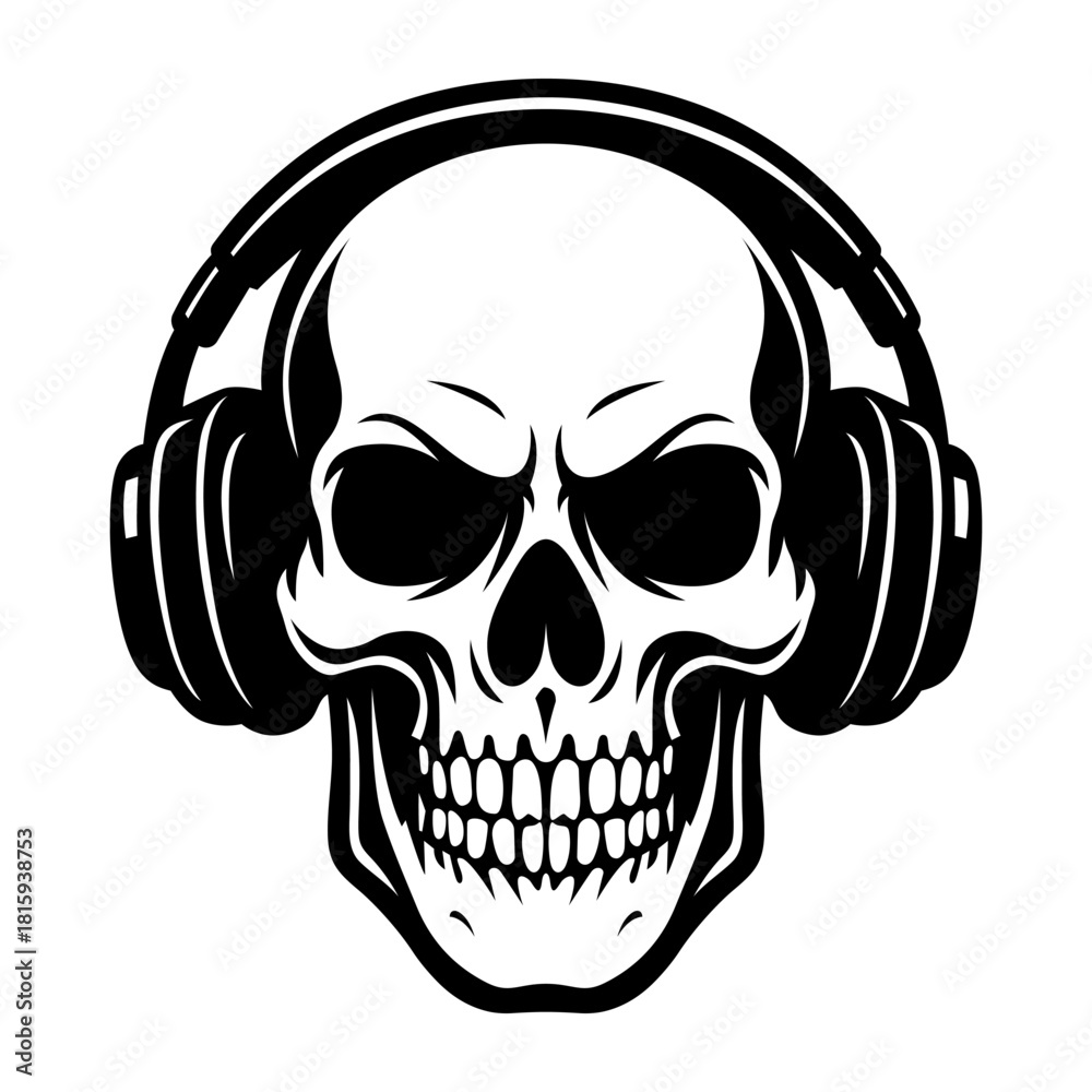 Fototapeta premium Skull with Headphones Vector Illustration – Black and White Music Skull Design for DJ, Rock, Gaming, and Tattoo Artwork