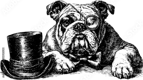 Vintage bulldog illustration with monocle and tophat. Detailed black and white vector art set featuring classic style.