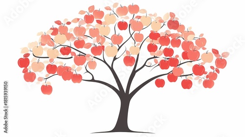 Stylized deciduous tree laden with numerous ripening fruits against a stark white background