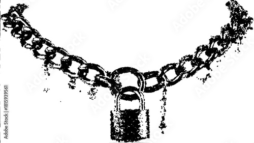 Illustration of a chain with a lock in silhouette style. Antique engraving with a vintage look. This hand-drawn vector illustration showcases intricate details.
