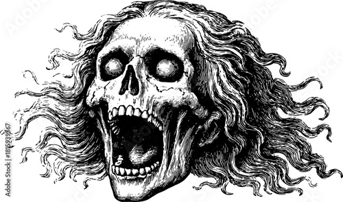 Vintage skull art featuring a screaming face with long hair. This vector illustration showcases detailed engraving style in black and white.