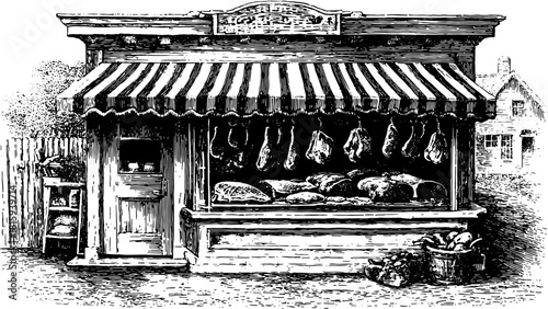 Vintage shop engraving featuring a meat and bakery display. Hand-drawn vector illustration showcasing food items in an antique set.
