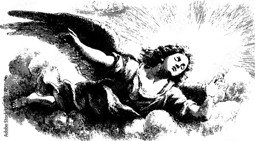 Vintage angel engraving in a retro style. This black and white set features a celestial figure surrounded by clouds in a vector illustration.