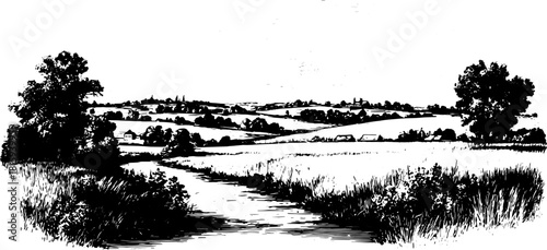 Vintage landscape engraving featuring a detailed path winding through trees and grass. Rural scenery with hills in a classic black and white vector illustration.