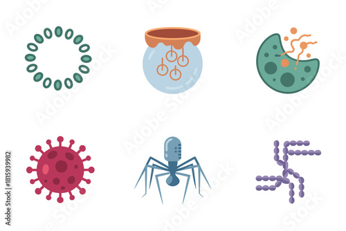 Virology virus icons, detailed test tube, DNA helix, microorganism, bacteria, disease symbol, medical research vector set.