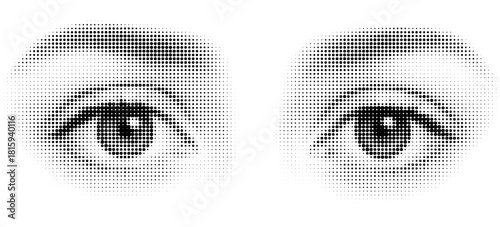 Funny halftone human eyes. Halftone dotted eye sight cutout style. Y2k retro vector collage template