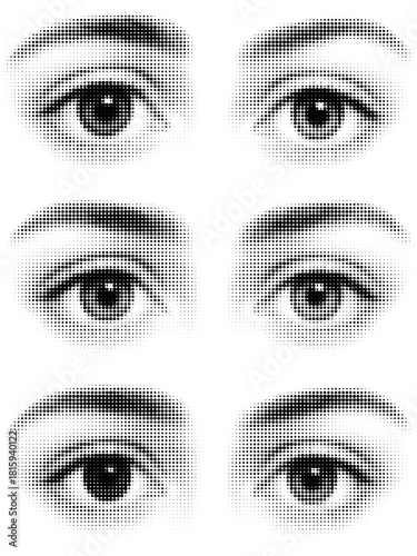 Set of female eyes created with halftone effect. Collage style eyes with eyebrows, frame-by-frame illustration on transparent background. Cutout halftone collage elements. Vector.