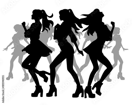 Silhouette of female idol group, group of beautiful women dancing and partying, icon isolated on white background type 2