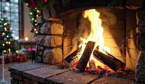 Cozy Christmas Hearth and Decorated Mantel in Slow Motion 4K